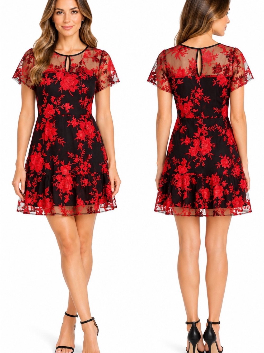 Leslie Fay Size 12 Black Red Floral Embroidered Mesh Fit & Flare Dress
